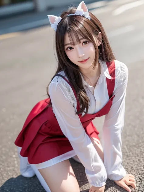 Photo-realistic quality、there is a woman in a Maid outfit kneeling on the ground, anime girl Cosplay, anime Cosplay, anime girl in a メイド costume, Cosplay,, Cosplay photo, Maid Dress, Maid outfit, full-Cosplay, Real life anime girls, professional Cosplay, a...