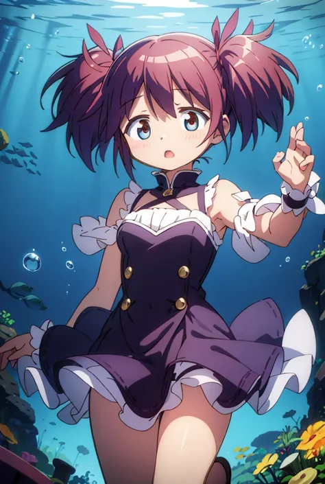 High resolution, woman,Surprise face, Round eyes,Short Hair,Underwater split view,  Top view, Twin tails, 