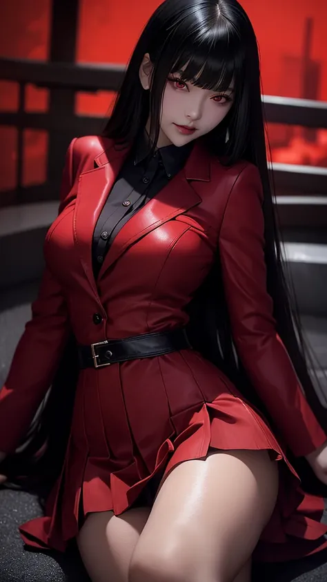 Yumeko Jabami, red eyes, Yumeko Jabami, red eyes half-open lips, Yumeko Jabami milf, evil smile, curved, uniform, leather jacket, skirt, medium breasts, (leaning forward:1.2), looking at the viewer, bokeh, Film grain, (underneath), epic photo, dark curly ...