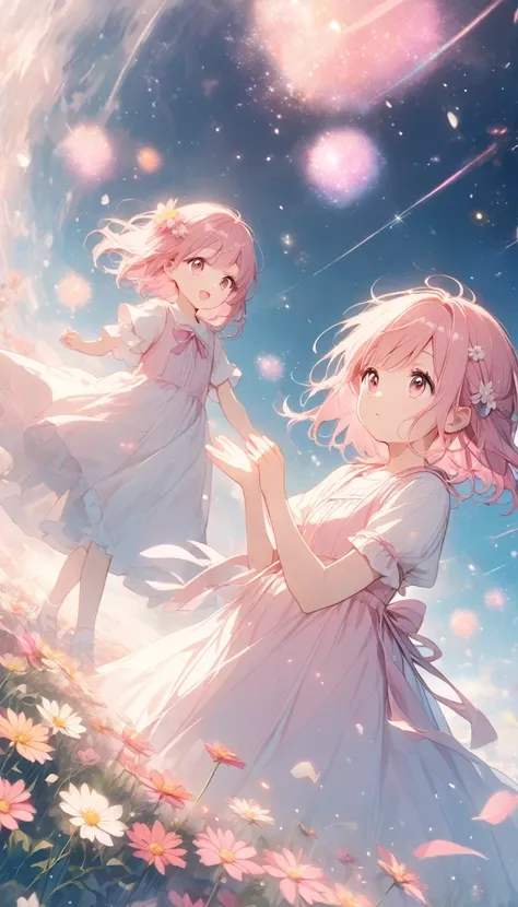 Soft Effect,Children exploring a cosmos field,,Pink Hair,Pink Eyes,Pink dress,