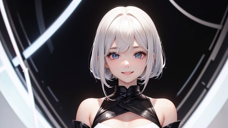 White-haired girl in space。Hair is chin-length。Bangs are flowing to the right。The outfit is a black leather top that shows off the shoulders.、She was wearing a black leather mini skirt.、On top of that, she wears a transparent cloth.。The shoes are black lea...