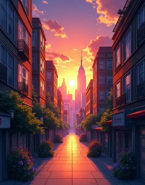 Creat a detailed anime style illustration of "A stunning urban sunset, capturing a vibrant, densely packed city street with towering buildings on both sides. The warm orange glow of the setting sun illuminates the scene, casting long shadows across the nar...