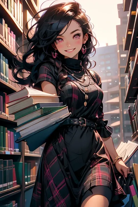 Perfect face. Perfect hands. A black haired woman with pink eyes with an hourglass figure in a plaid black dress is smiling while carrying a pile of books in the library