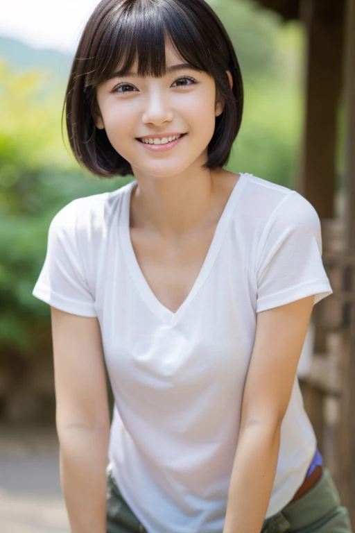 Please redeem, masterpiece, Ultra-high resolution, (Realistic:1.4), RAW Photos,  girl, ((Leaning forward):1.3), ((Showing off the muscles and emphasizing)), (White T-shirt:1.2), (Very cute face like a Japanese idol, Very childish face, ((Very beautiful big...