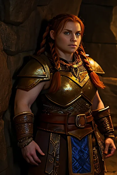 ginger female dwarven adventurer, in a undeground cavern, dramatic lighting, breastplate,  long braided hair, strong muscled arm...