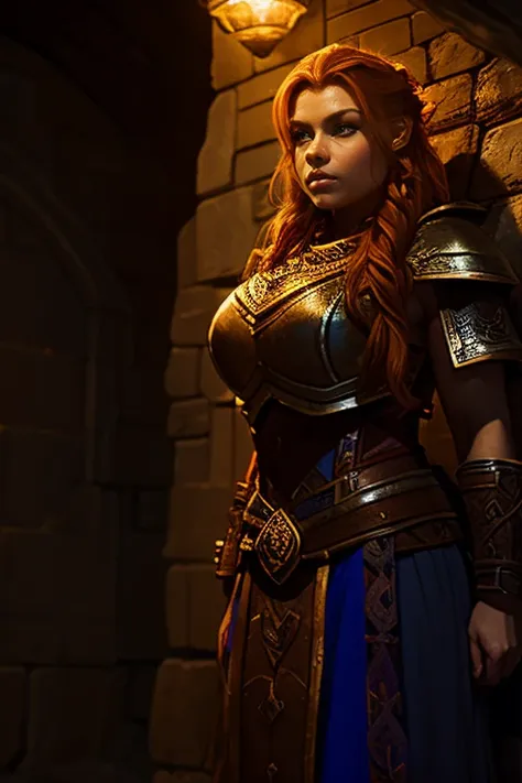 ginger female dwarven adventurer, in a undeground cavern, dramatic lighting, breastplate,  long braided hair, strong muscled arm...