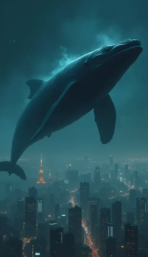 A whale swims in the Tokyo sky、Aerial view from a helicopter、night、Feelings of despair