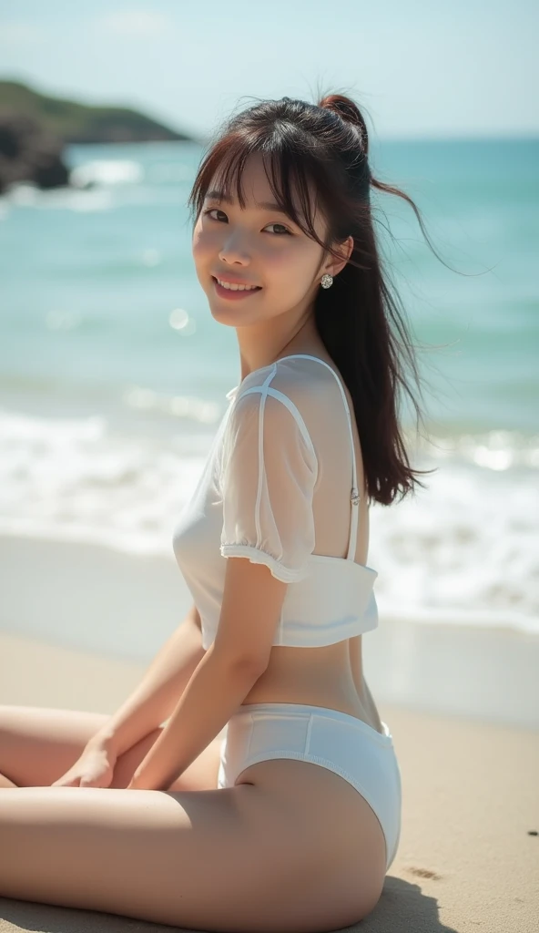 Photograph, a girl 20 years old, japanese girl, pale skin, wearing seethrough white tshirt and tiny white pantie, sit on a beach, looking at the viewer, smiling, mild sunshine, 8k resolution