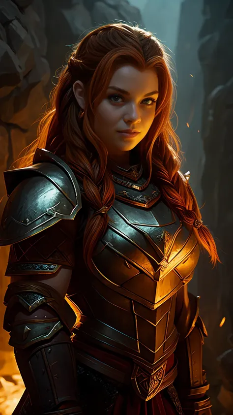 ginger female dwarven adventurer, d&d character portrait, dramatic lighting, breastplate armor, long braided hair, strong muscle...