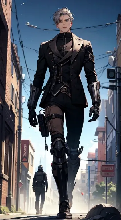 Cybernetic background,Steampunk,Gray and black,Townscape,One Man,Handsome,Quiet,Eye correction