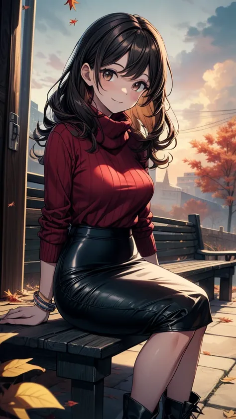 ((((masterpiece, best quality:1.8, high detail)))), beautiful ((woman sitting)) on bench, bright brown eyes, smile, solo focus, (((medium breasts))), long wavy hair, ((dark hair)), ((red sweater)), (scarf), ((black midi pencil ((skirt)))), ((long skirt)), ...