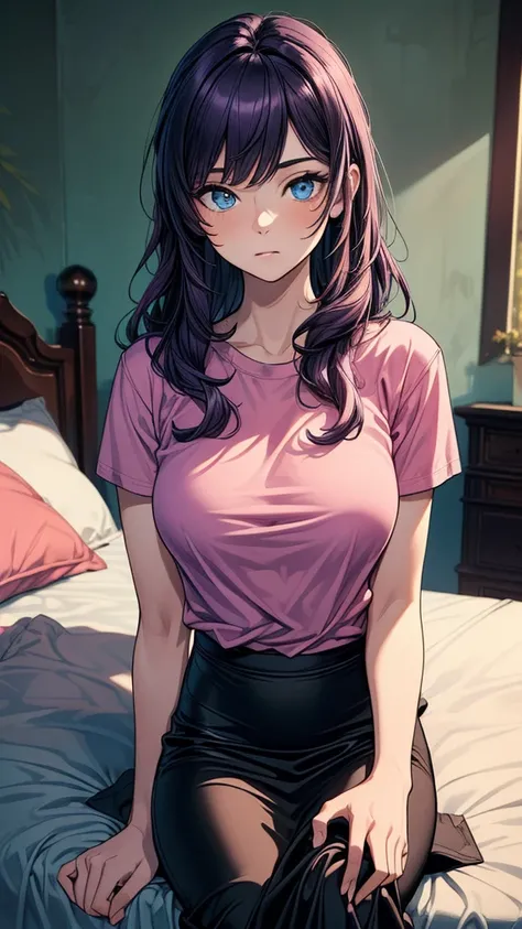 ((((masterpiece, best quality:1.8, high detail)))), beautiful serious woman, confident, bright blue eyes, solo focus, long wavy hair, ((dark purple hair)), ((pink t-shirt)), black midi pencil (skirt), ((long black skirt)), slim body, bedroom, bed, ((realis...