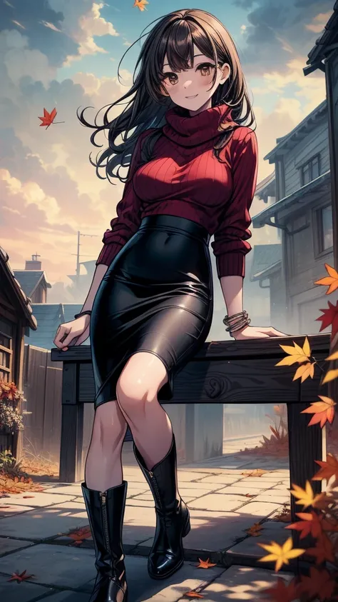 ((((masterpiece, best quality:1.8, high detail)))), beautiful woman sitting, bright brown eyes, smile, solo focus, (((medium breasts))), long wavy hair, ((dark hair)), ((red sweater)), (scarf), ((black midi pencil ((skirt)))), ((long skirt)), boots, slim b...