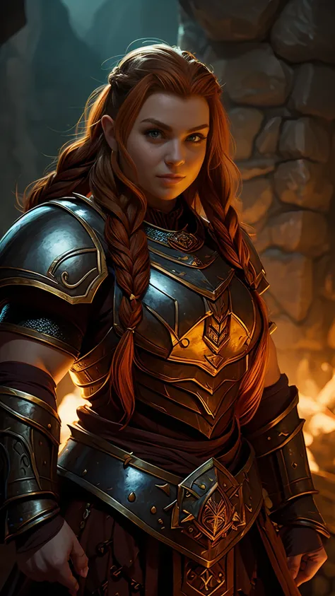 ginger female dwarven adventurer, d&d character portrait, dramatic lighting, breastplate armor, long braided hair, strong muscle...