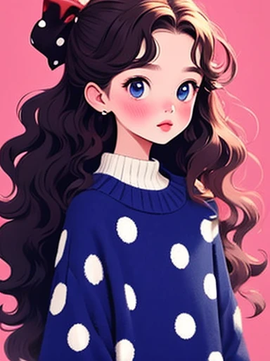 (masterpiece, best quality:1.2), 1 girl, alone，wavy hair，light fluffy long hair，bow headband，polka dot sweater，sweater details，c...