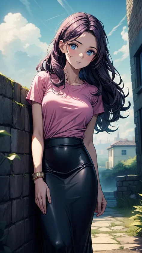 ((((masterpiece, best quality:1.8, high detail)))), beautiful serious woman, confident, bright blue eyes, solo focus, long wavy hair, ((dark purple hair)), ((pink t-shirt)), (black midi pencil ((skirt))), (((long skirt))), slim body, bracelet, sidewalk, ga...