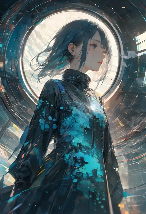 (masterpiece, best quality),(double exposure:1.2), subtle colors, post-grunge, concept art, paint splatters, intricate details. detailed depiction,(blue Impulses are coming out of the girls body.),contemporary art,futuristic,lens flare,