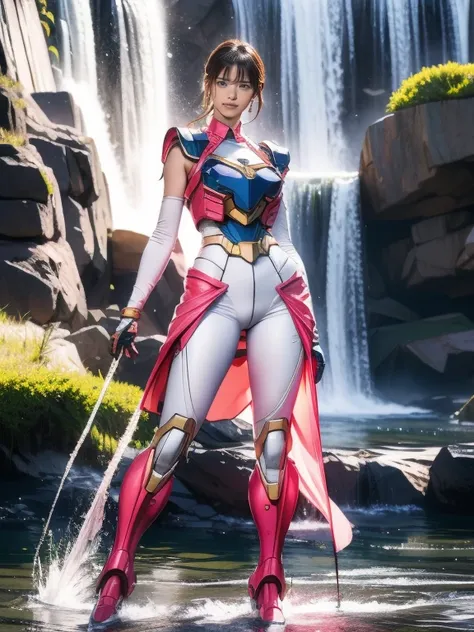 Full Body Shot, Very detailed, The costume colors were inspired by Gundam.、8k, Actual Photos, impressive lighting, Dynamic action poses, Great energy effect, Black and pink color palette, Simple costume design, Advanced Technology, Heroic and powerful, Wit...