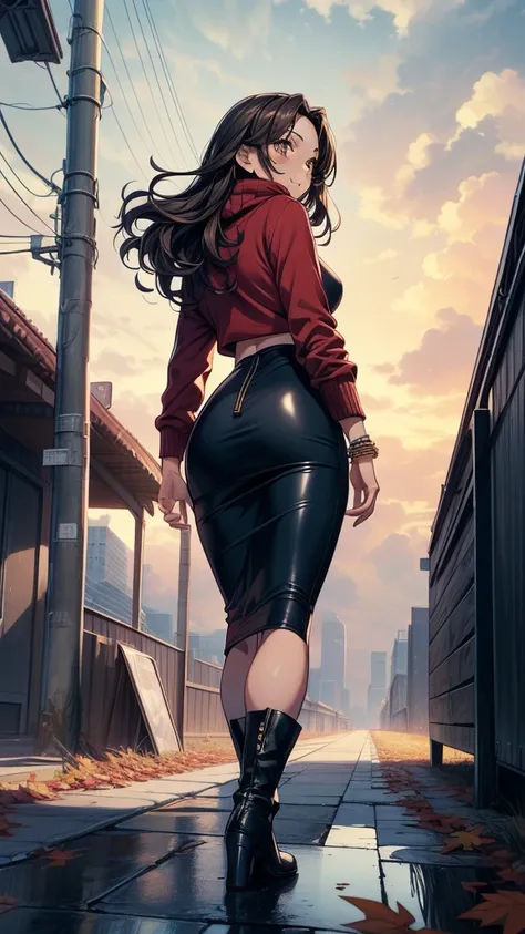 ((((masterpiece, best quality:1.8, high detail)))), beautiful woman walking, bright brown eyes, smile, solo focus, (((medium breasts))), long wavy hair, ((dark hair)), ((red sweater)), (scarf), ((black midi pencil ((skirt)))), ((long skirt)), boots, slim b...