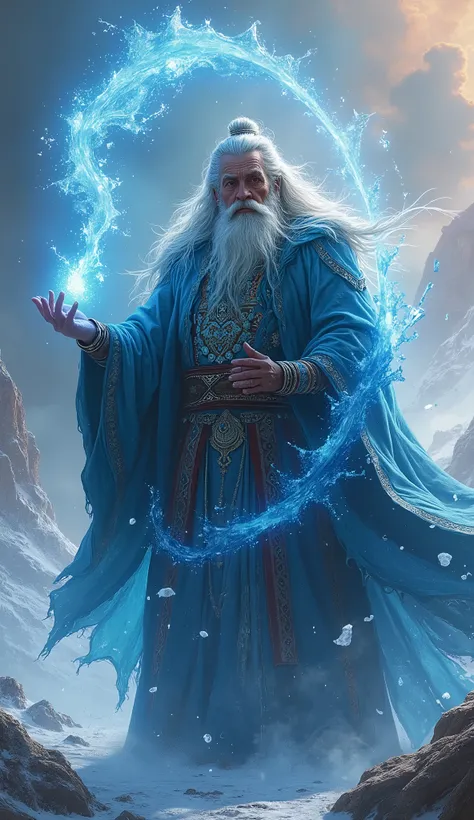 wizard from Mongolia, epic and scary looking, cinematic style, colorful background, Mongolia style clothes, casting ice