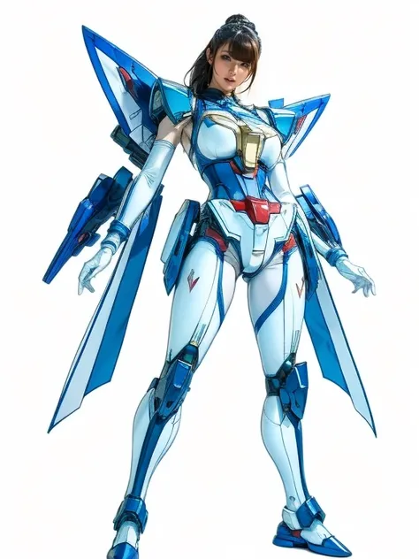 Full Body Shot, Very detailed, The costume colors were inspired by Gundam.、8k, Actual Photos, impressive lighting, Dynamic action poses, Great energy effect,White and blue color palette, Simple costume design, Advanced Technology, Heroic and powerful, On a...