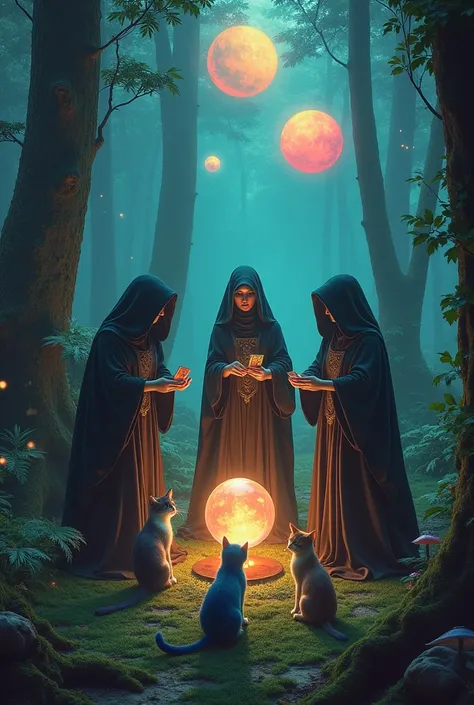 Witches&#39; meeting with crystal balls and lots of tarot cards , 3 colored cats ,white ,yellow and black ,They are in a very beautiful forest and in the background three very colorful planets Full 8k image 