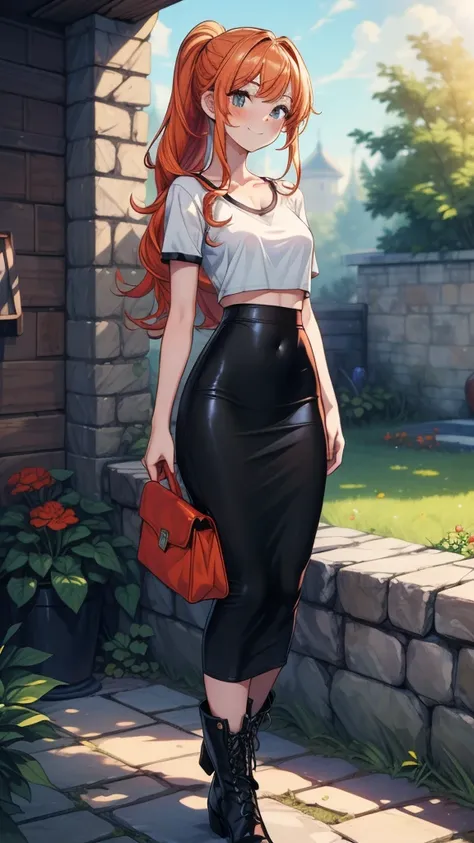 ((((masterpiece, best quality:1.3, high detail)))), 1girl, beautiful woman, long wavy hair, red orange hair, low ponytail, smug, ((small breasts)), (white t-shirt crop top), (black midi pencil ((skirt))), (long black skirt), collarbone, midriff, sun, garde...