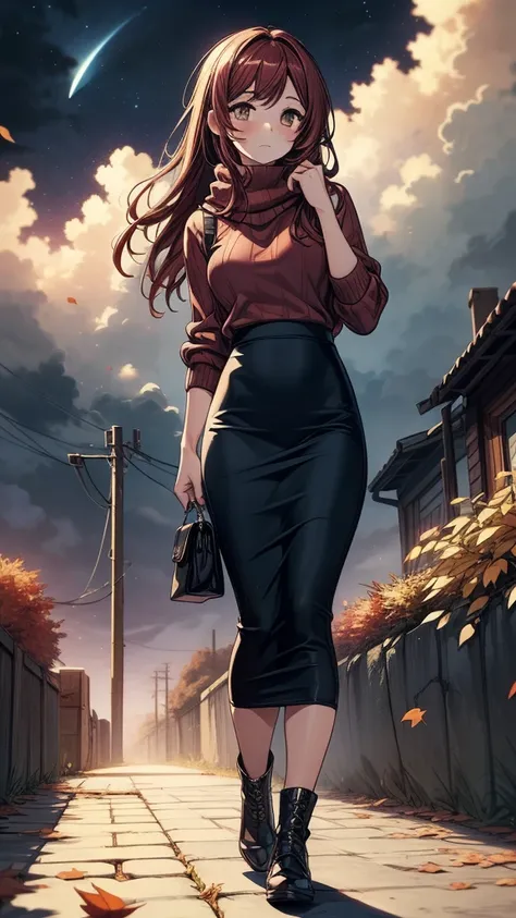 ((((masterpiece, best quality:1.8, high detail)))), (1girl), beautiful woman, bright brown eyes, shy, solo focus, long hair, ((dark red hair)), ((white sweater)), (scarf), ((black midi pencil ((skirt)))), ((long skirt)), boots, slim body, sidewalk, fall ga...