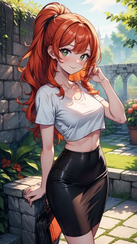 ((((masterpiece, best quality:1.8, high detail)))), 1girl, beautiful woman, long wavy hair, red orange hair, low ponytail, smug, ((small breasts)), (white t-shirt crop top), (black midi pencil ((skirt))), (long black skirt), collarbone, midriff, sun, garde...