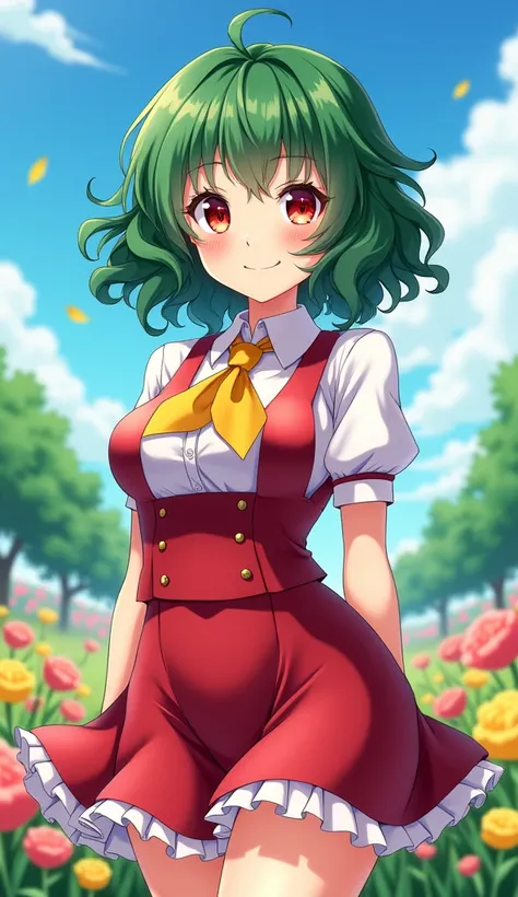 One Woman, Shortcuts, Large Breasts, blush, smile, Red eyes, Simple Background,  Split bangs, Natural curls, Anime Style, Green Hair, frilled skirt，white shirt，red skirt ，red vest、yellow ascot、Look at, blue sky, flower field,  adult