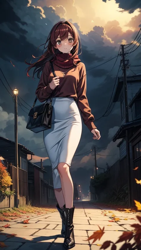 ((((masterpiece, best quality:1.8, high detail)))), (1girl), beautiful woman, bright brown eyes, shy, solo focus, long hair, ((dark red hair)), ((white sweater)), (scarf), ((black midi pencil ((skirt)))), ((long skirt)), boots, slim body, sidewalk, fall ga...