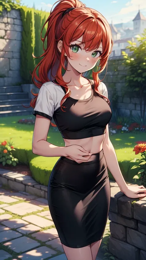 ((((masterpiece, best quality:1.8, high detail)))), 1girl, beautiful woman, long wavy hair, red orange hair, low ponytail, smug, ((small breasts)), (white t-shirt crop top), (black midi pencil ((skirt))), (long black skirt), collarbone, midriff, sun, garde...