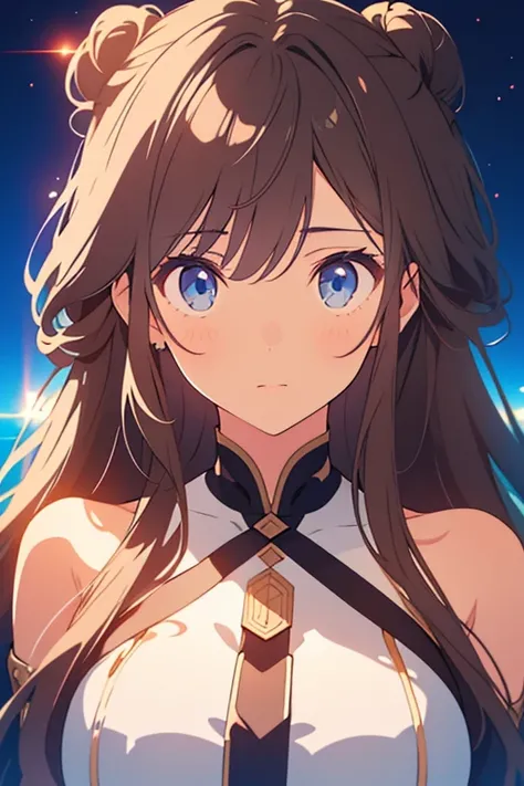 Clear and detailed facial features, Beautiful brown hair,Long Hair, Perfect Eyes,High resolution, Best Quality
,Beautiful blue and black eyes,Space-like blue eye lens flare, 


Overexposure, 


 Shiny Hair, Double bun hairstyle, 


