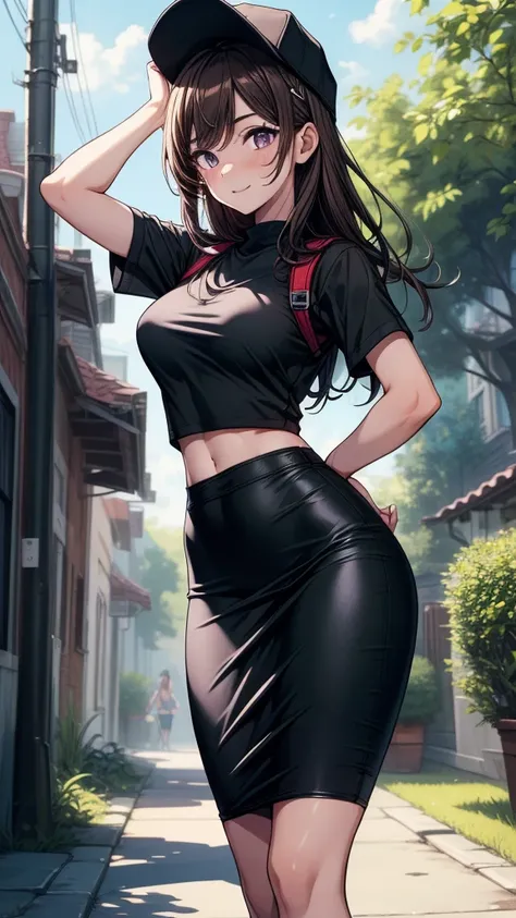 ((((masterpiece, best quality:1.8, high detail)))), ((1girl)), (beautiful woman), smile, bright purple eyes, solo focus, long hair, ((brown hair)), hairpin, ((light gray t-shirt fitting size)), ((black midi pencil ((skirt)))), (((long black skirt))), tight...