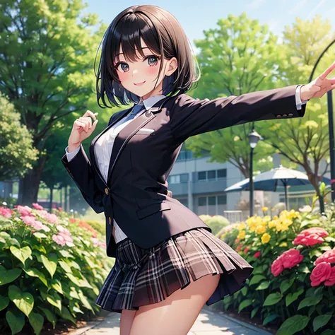 (Best Quality)、One high school girl、Short black hair、smile、blush、(Small breasts)、White ribbon、blazer、Black regular tie、black plaid mini skirt、model posing、turn around、Blooming garden background