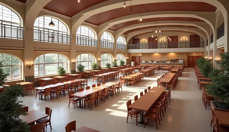 wide inside of a university school cafeteria design, without students, realistic, elegant interior and exterior design, with many stalls, with many seats, no students, masterpiece, high resolution, aerial view, Best Quality, Detail, High Details, HD, Super...