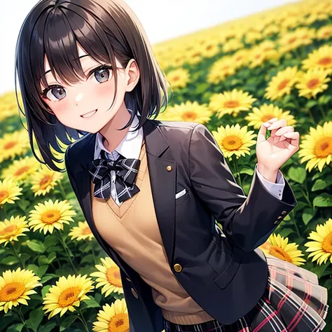 (Best Quality)、One high school girl、Short black hair、smile、blush、(Small breasts)、White ribbon、blazer、Black regular tie、black plaid mini skirt、model posing、turn around、Blooming garden background