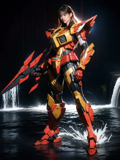 Full Body Shot, Very detailed, The costume colors were inspired by Gundam.、8k, Actual Photos, impressive lighting, Dynamic action poses, Great energy effect, Black and red color palette, Simple costume design, Advanced Technology, Heroic and powerful, With...