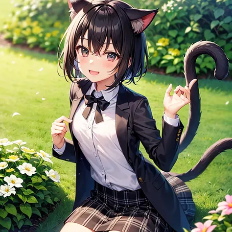 (Best Quality)、One high school girl、Cat ears、Cat tail、Short black hair、smile、blush、(Small breasts)、White ribbon、blazer、Black regular tie、black plaid mini skirt、model posing、turn around、Blooming garden background