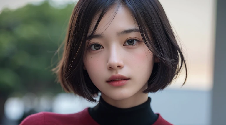 (Bob Cut Hair:1.2),(A calm burgundy colored high neck knit、A chic and edgy look with a tight black leather skirt:1.2),1 girl,Japanese,2,(Small breasts:1.3),(Best Quality,masterpiece:1.3,超A high resolution,),(Ultra-detailed,Caustics),(Photorealistic:1.4,RAW...