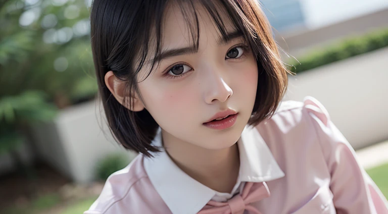 (Bob Cut Hair:1.2),(A pink beige bowtie blouse made of soft chiffon、Coordination with a grey high-waisted skirt:1.2),1 girl,Japanese,2,(Small breasts:1.3),(Best Quality,masterpiece:1.3,超A high resolution,),(Ultra-detailed,Caustics),(Photorealistic:1.4,RAW ...