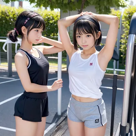 Junior high school girl、Japanese、Small breasts、Small Ass、Natural Face、Black Hair、Short Bob、Slender body、Playground、Gym Wear、White headband、sweat、A man pats a girl on the head