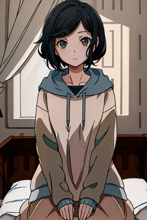 a girl ( high quality ) greyish black hair , turcoise over sized hoodie , on a bed , ( blue shade backround ) 