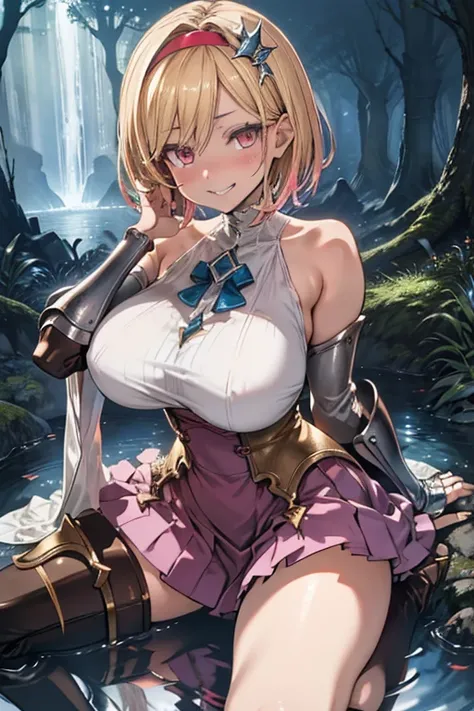  spread legs, open legs, 
(Oblique angle:1.2),arched back, (leaning back), arm support, (Perspective),  straddling, 
seductive grin smug, embarrassed, drunken eyes, blush, 

djeeta,Zeta,One Girl,Blonde,Shiny Hair,Short Hair,Hairbands,Brown eyes,
Shiny body...