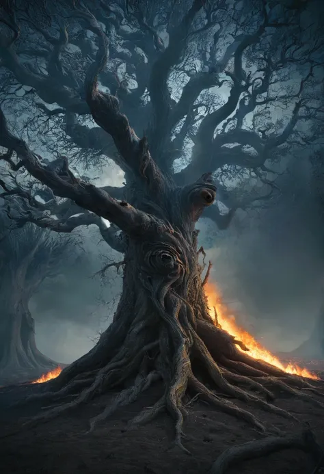 a shape that reaps life, the end of the world, a symbol of destruction, destruction, dark fantasy, smoke, a rotten tree, a solar eclipse, intricate details, highly detailed, photorealistic, 8k, dramatic lighting, moody colors, somber tones, cinematic compo...