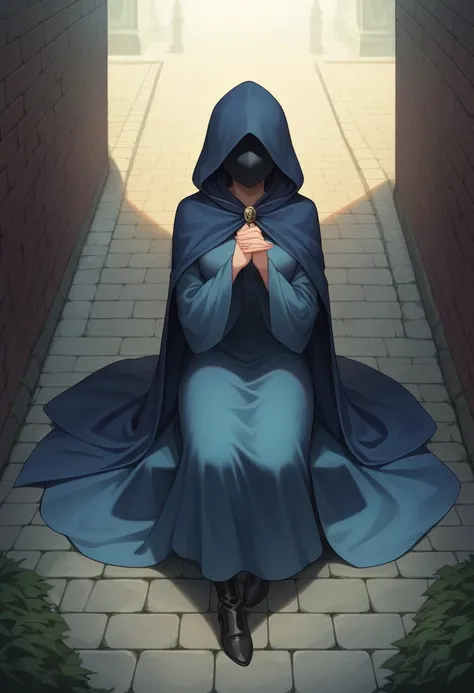 , 1girl, female, solo, long cape sleeves, sleeves covered hands, no hands, dress, cape covered body , cape, blue cloak, hood up, blue robe, mask covered face, hooded cloak, masterpiece, best quality, sidewalk , sitting, black heels boots