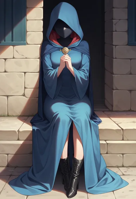 , 1girl, female, solo, long cape sleeves, sleeves covered hands, no hands, dress, cape covered body , cape, blue cloak, hood up, blue robe, mask covered face, hooded cloak, masterpiece, best quality, sidewalk , sitting, black heels boots