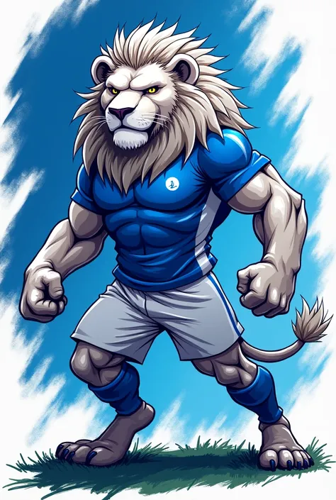 Recreate a lion as a mascot for a soccer team with a blue and white uniform 