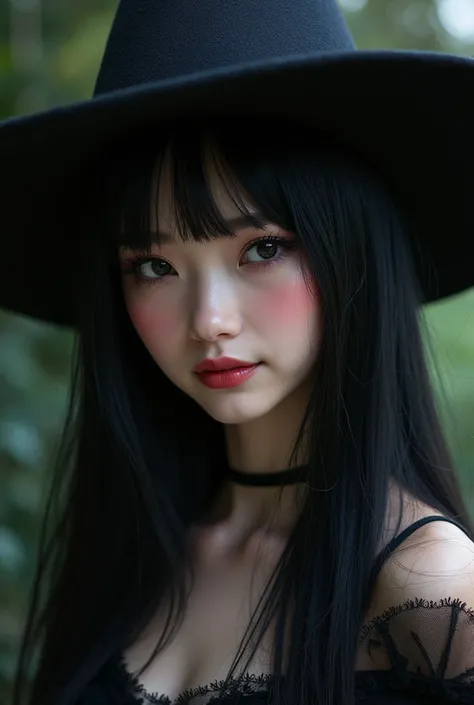 1girl, Long Hair, Looking at viewer, Smile, Black Hair, Bangs, Anatomically Correct, High Resolution, Masterpiece, Anatomically Correct, Best Quality, Detail, High Details, Long Hair, Breasts, Large breasts, Smile, Makeup, Evil, Perspective, Witch Hat, 