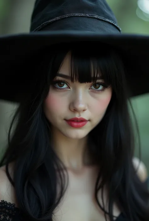 1girl, Long Hair, Looking at viewer, Smile, Black Hair, Bangs, Anatomically Correct, High Resolution, Masterpiece, Anatomically Correct, Best Quality, Detail, High Details, Long Hair, Breasts, Large breasts, Smile, Makeup, Evil, Perspective, Witch Hat, 